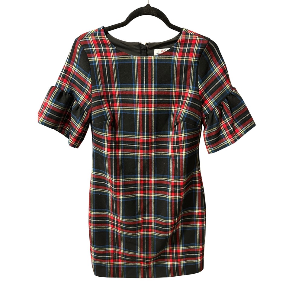 Vineyard Vines Womens Black Stewart Plaid Ruffle Sleeve Shift Dress Size 0